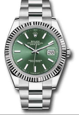 Replica Rolex White Rolesor Datejust 41 Watch 126334 Fluted Bezel Mint Green Index Dial Oyster Bracelet